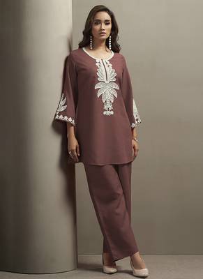 Coffee embroidered cotton blend co-ord set 1