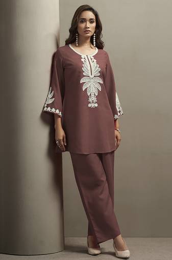 Coffee embroidered cotton blend co-ord set