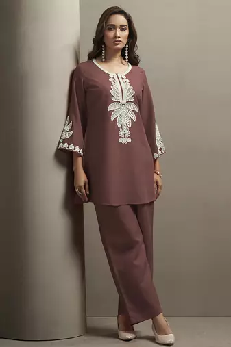 Coffee embroidered cotton blend co-ord set