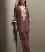 Coffee embroidered cotton blend co-ord set