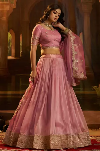 Elegant Pink Organza Embroidered Lehenga Choli with Art Silk Blouse