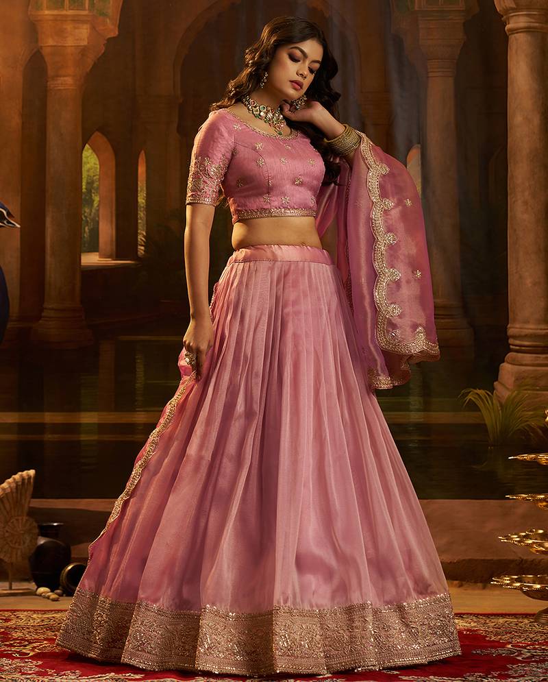 Elegant Pink Organza Embroidered Lehenga Choli with Art Silk Blouse