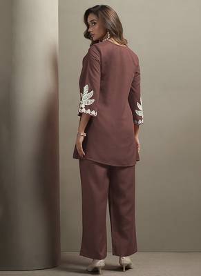 Coffee embroidered cotton blend co-ord set 2