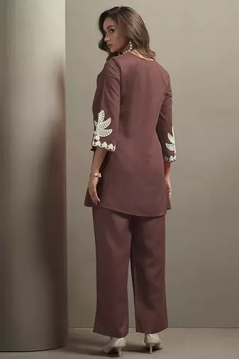 Coffee embroidered cotton blend co-ord set