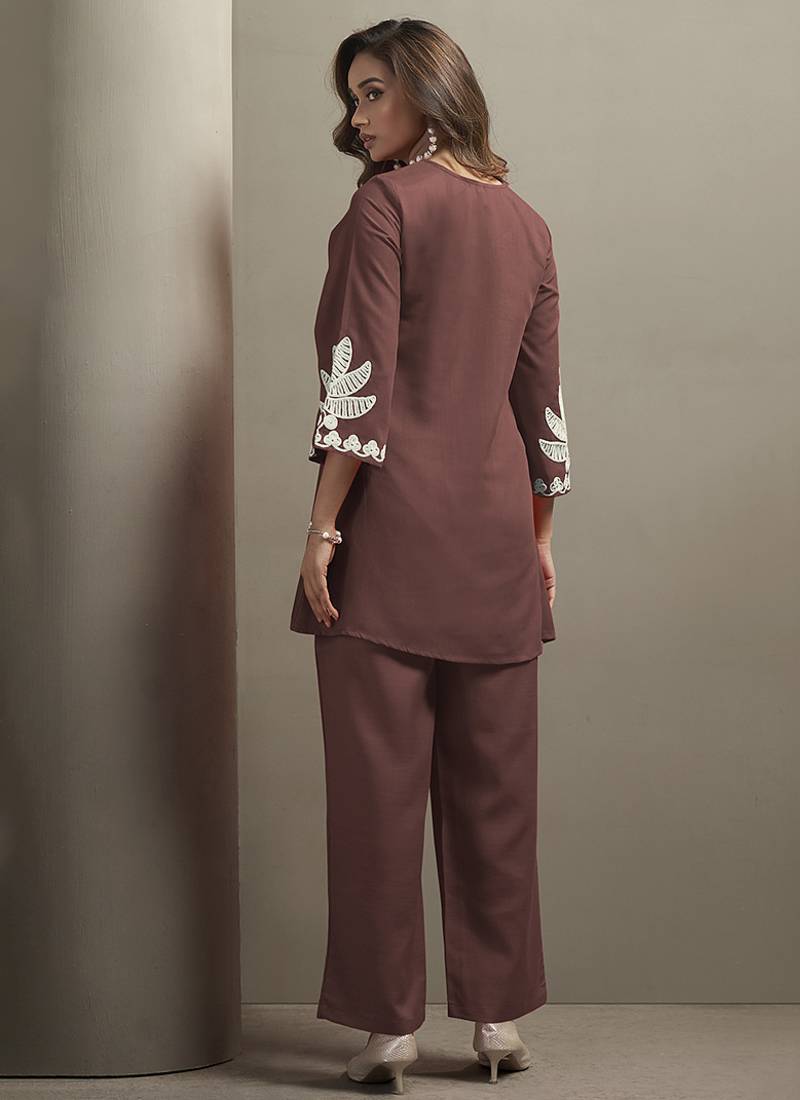 Coffee embroidered cotton blend co-ord set