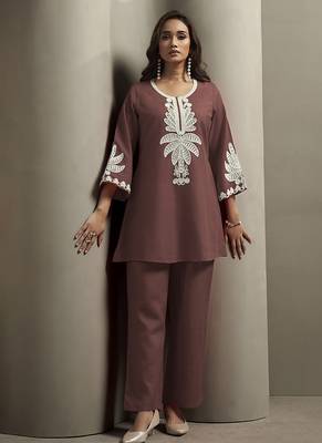 Coffee embroidered cotton blend co-ord set 3