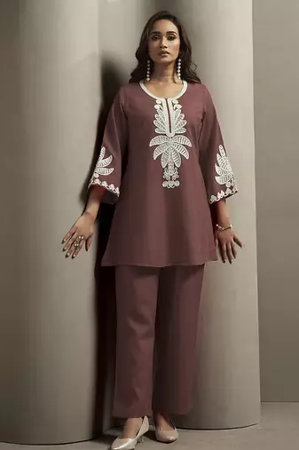 Coffee embroidered cotton blend co-ord set