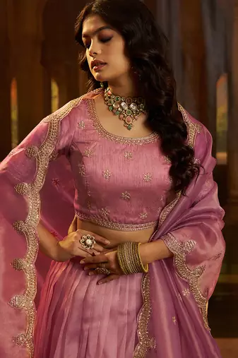 Elegant Pink Organza Embroidered Lehenga Choli with Art Silk Blouse