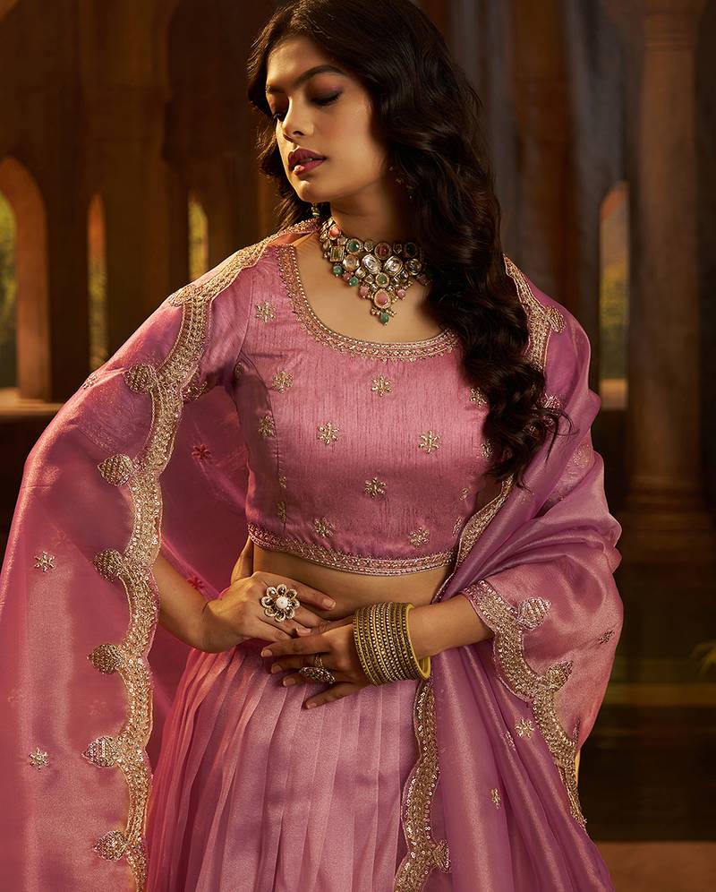 Elegant Pink Organza Embroidered Lehenga Choli with Art Silk Blouse