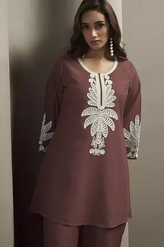 Coffee embroidered cotton blend co-ord set