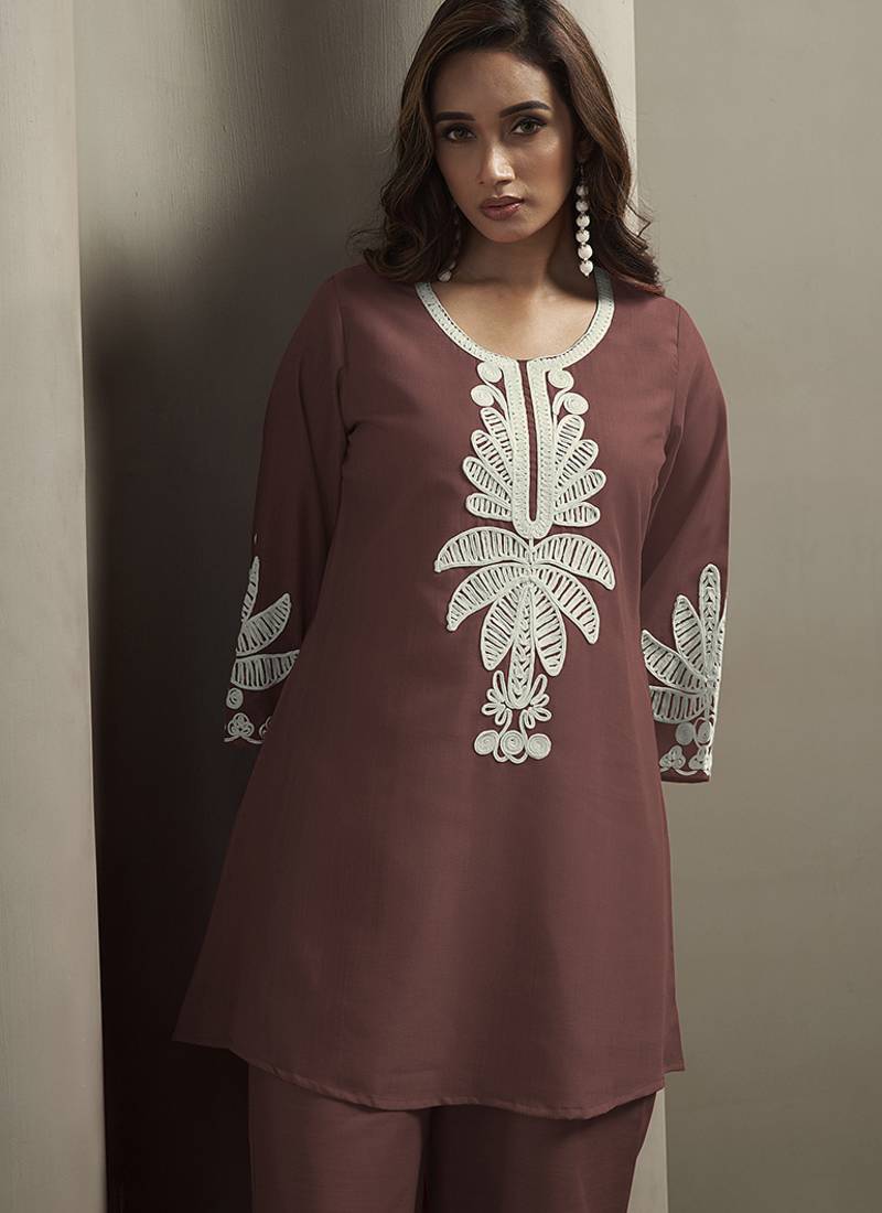 Coffee embroidered cotton blend co-ord set