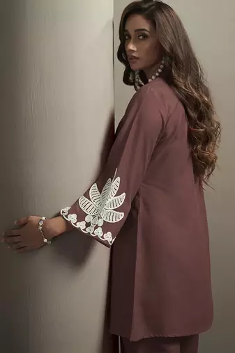 Coffee embroidered cotton blend co-ord set