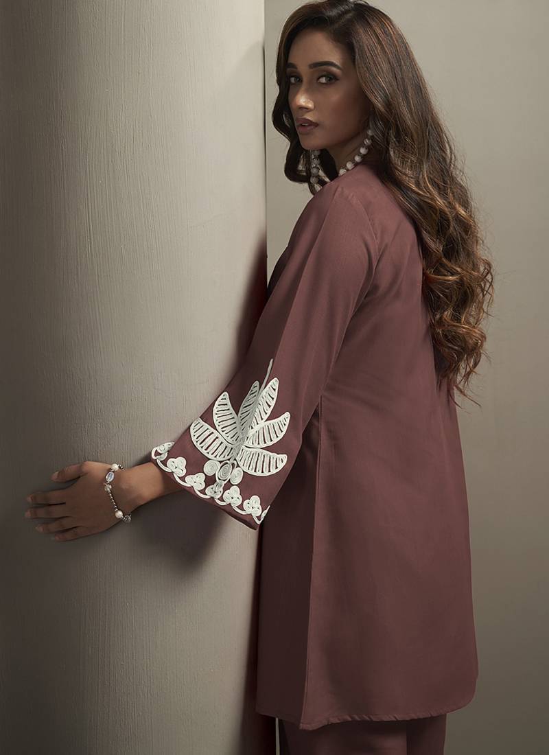 Coffee embroidered cotton blend co-ord set