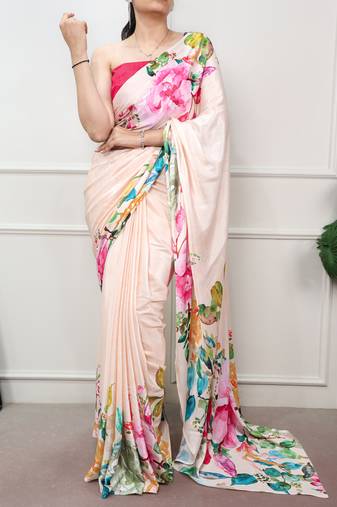 Women printed satin silk blend floral saree with banglory silk  blouse