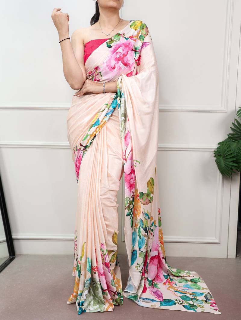 Women printed satin silk blend floral saree with banglory silk  blouse