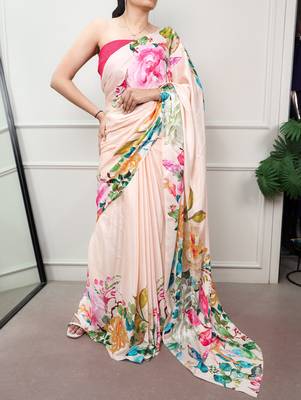 Women printed satin silk blend floral saree with banglory silk  blouse 4