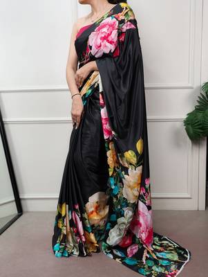 Women printed satin silk blend floral saree with banglory silk  blouse 3