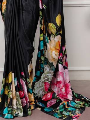 Women printed satin silk blend floral saree with banglory silk  blouse 5
