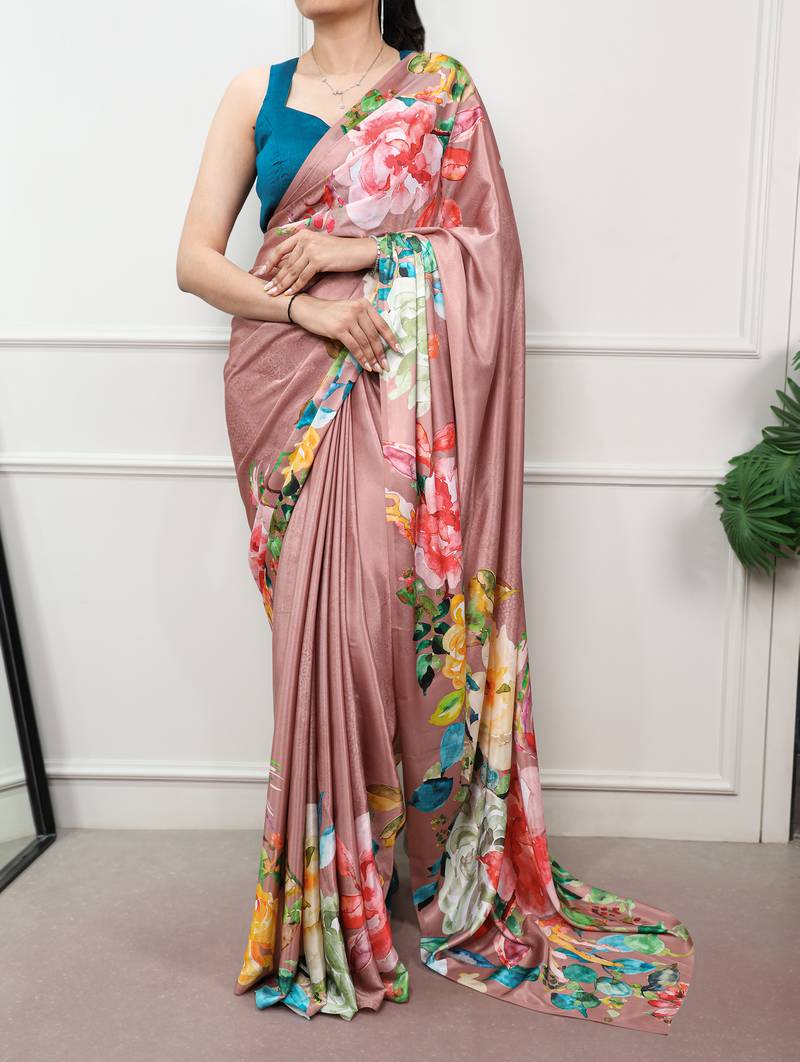 Women printed satin floral saree with banglory silk blend blouse