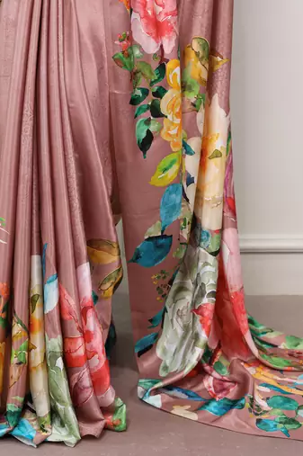 Women printed satin floral saree with banglory silk blend blouse