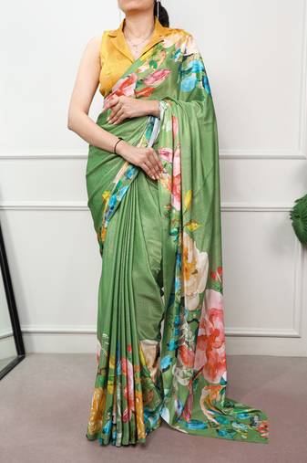 Women printed satin silk blend floral saree with banglory silk  blouse
