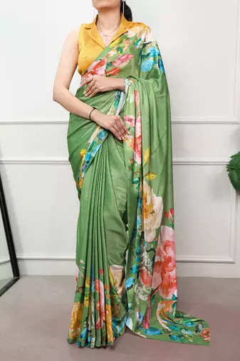 Women printed satin silk blend floral saree with banglory silk  blouse