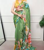 Women printed satin silk blend floral saree with banglory silk  blouse