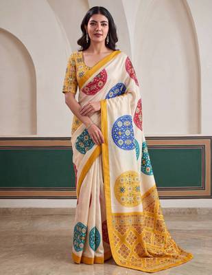 designer crepe silk Digital Patola Print with Real Mirror Work Saree 1