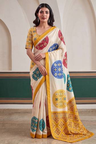 designer crepe silk Digital Patola Print with Real Mirror Work Saree