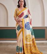 designer crepe silk Digital Patola Print with Real Mirror Work Saree