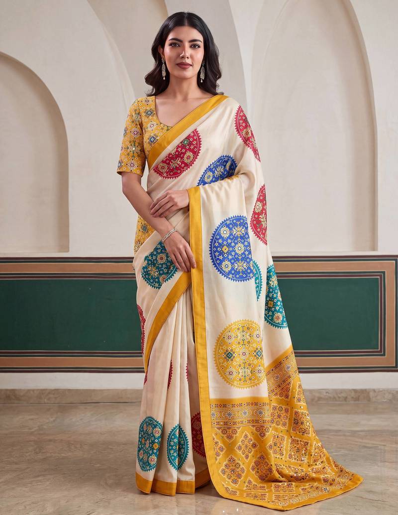 designer crepe silk Digital Patola Print with Real Mirror Work Saree