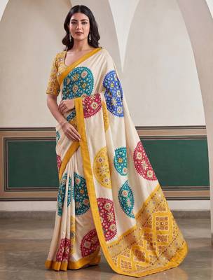 designer crepe silk Digital Patola Print with Real Mirror Work Saree 2