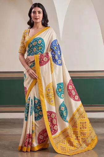 designer crepe silk Digital Patola Print with Real Mirror Work Saree