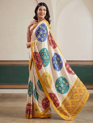designer crepe silk Digital Patola Print with Real Mirror Work Saree 3