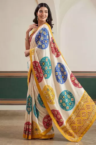 designer crepe silk Digital Patola Print with Real Mirror Work Saree