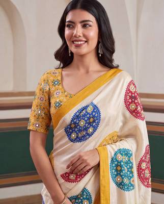 designer crepe silk Digital Patola Print with Real Mirror Work Saree 4