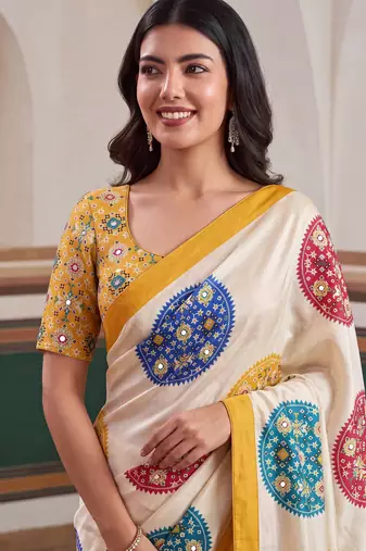 designer crepe silk Digital Patola Print with Real Mirror Work Saree