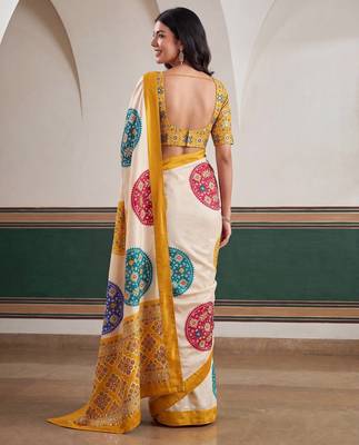 designer crepe silk Digital Patola Print with Real Mirror Work Saree 5