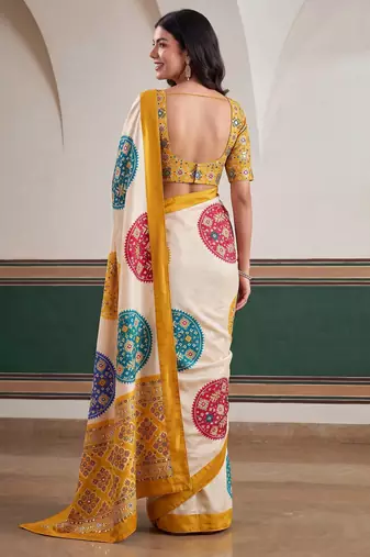 designer crepe silk Digital Patola Print with Real Mirror Work Saree