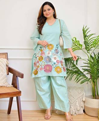 Women's Sea Green Floral Embroidered Kurta and Wide-Leg Pants Co-ord Set 1