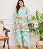 Women's Sea Green Floral Embroidered Kurta and Wide-Leg Pants Co-ord Set