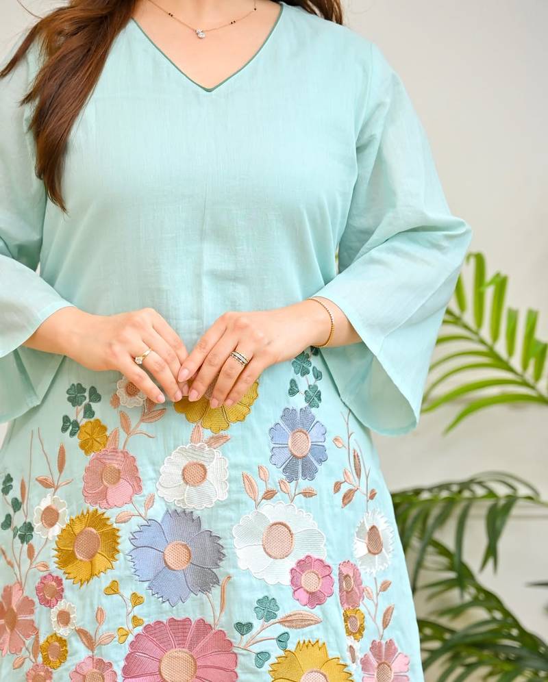 Women's Sea Green Floral Embroidered Kurta and Wide-Leg Pants Co-ord Set