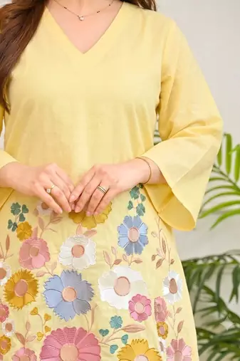 Women's Yellow Floral Embroidered Kurta and Wide-Leg Pants Co-ord Set