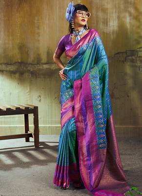 Peacock blue pochampally silk blend handloom saree with zari border 1