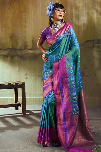 Peacock blue pochampally silk blend handloom saree with zari border