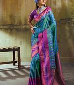 Peacock blue pochampally silk blend handloom saree with zari border