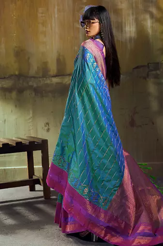 Peacock blue pochampally silk blend handloom saree with zari border