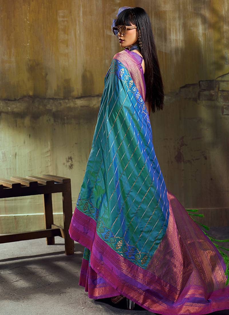 Peacock blue pochampally silk blend handloom saree with zari border