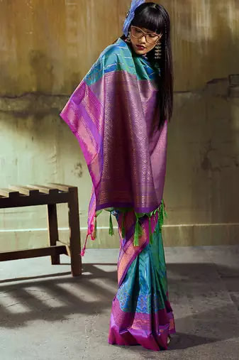 Peacock blue pochampally silk blend handloom saree with zari border