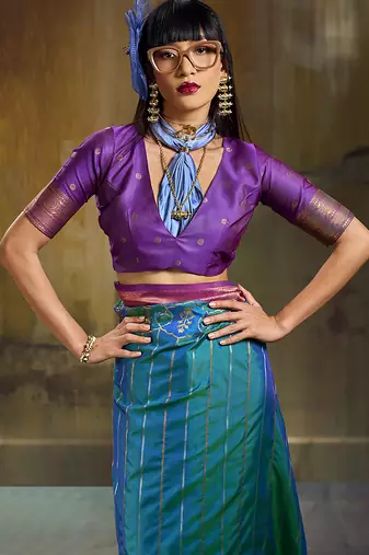 Peacock blue pochampally silk blend handloom saree with zari border